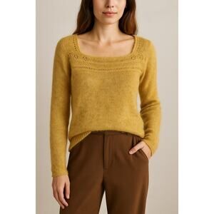 Women's Mohair Blend Knit Sweater Sz XS Mustard Yellow Boho Soft Cozy Layering